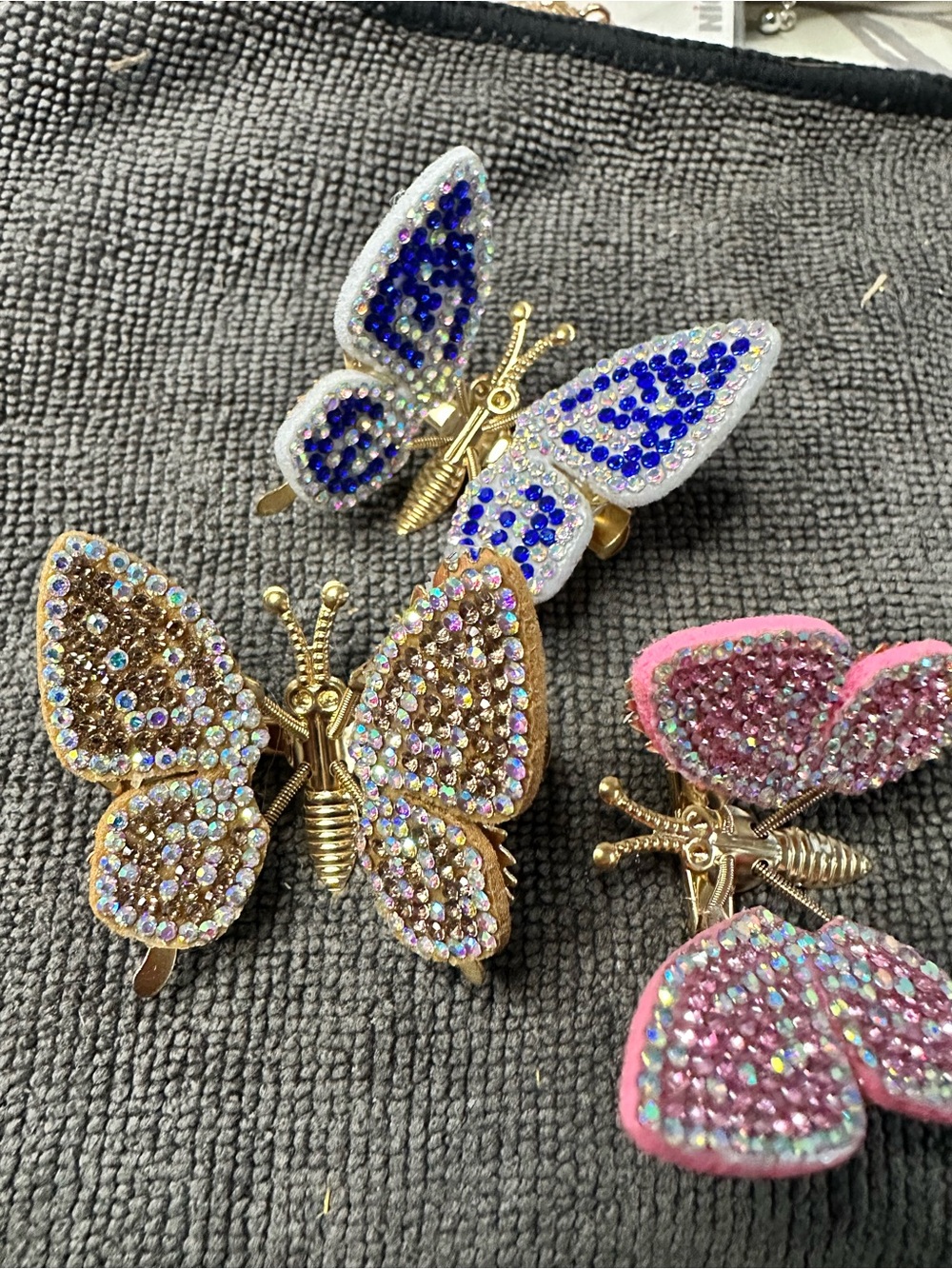 Rhinestone Butterfly Hair Clips - Pink, Blue, Gold Tones 3 pack